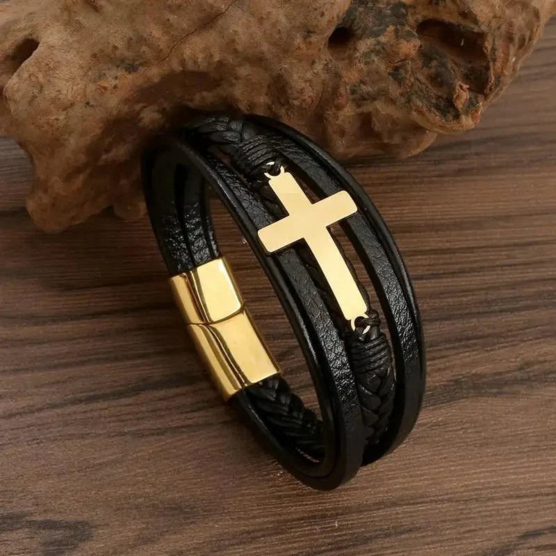 Pulseira de Couro  Aço Inoxidável Cruz