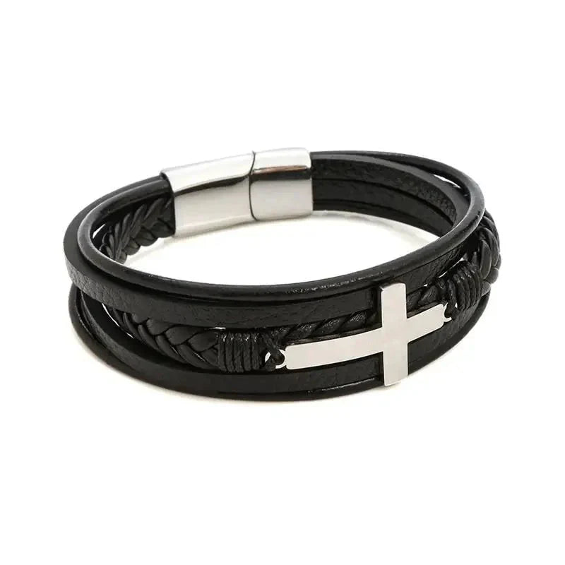 Pulseira de Couro  Aço Inoxidável Cruz