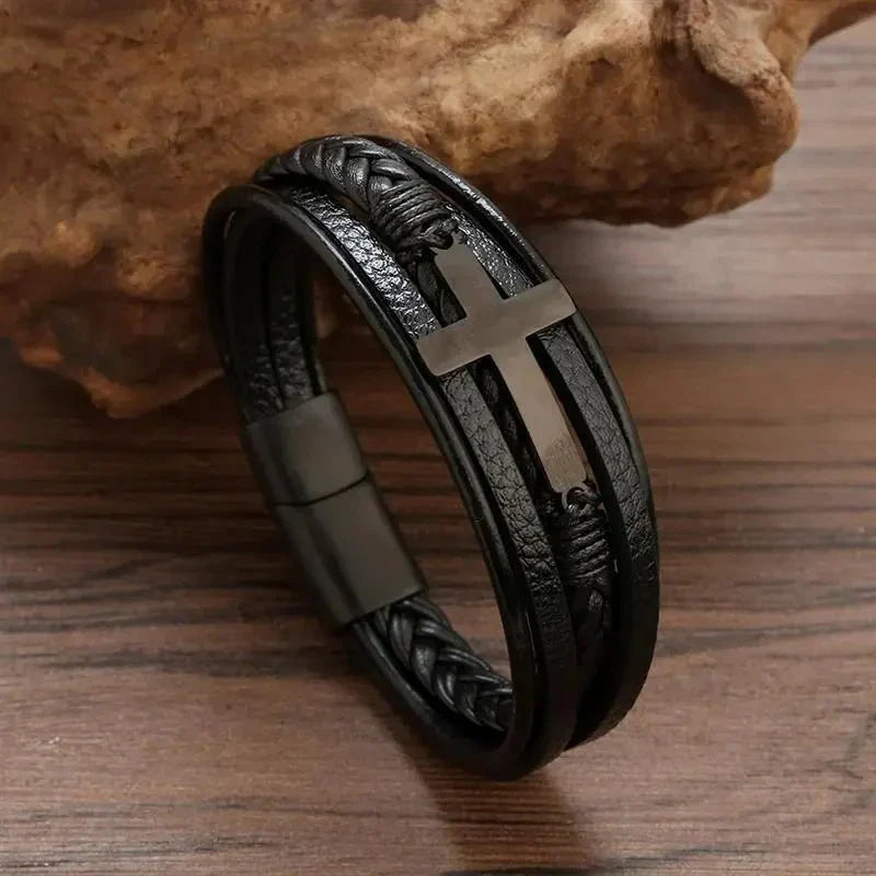 Pulseira de Couro  Aço Inoxidável Cruz