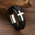 Pulseira de Couro  Aço Inoxidável Cruz