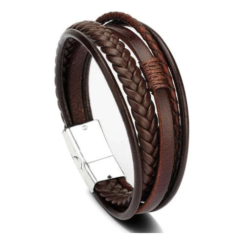 Pulseira Masculina de Couro Trançado com Fecho Magnético