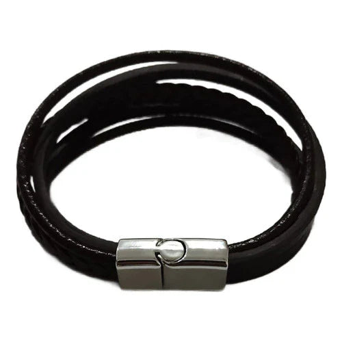 Pulseira Masculina de Couro Trançado com Fecho Magnético